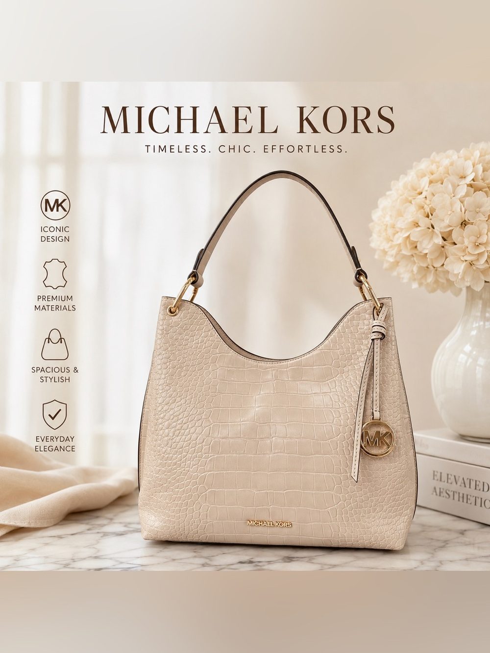 Michael Kors Embossed Croc Leather Hobo Shoulder Bag with Removable Accent Scarf